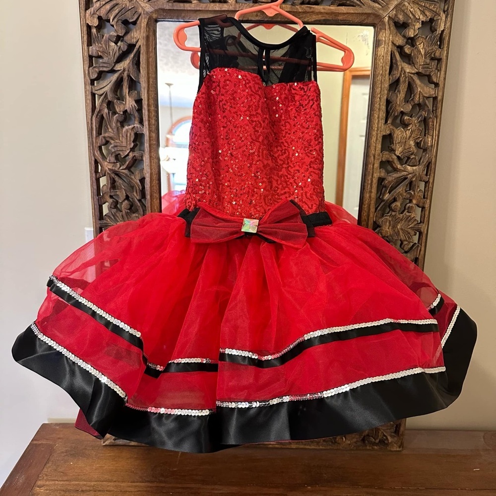 Weissman recital dance costume medium Red and Black Sequins Bow
